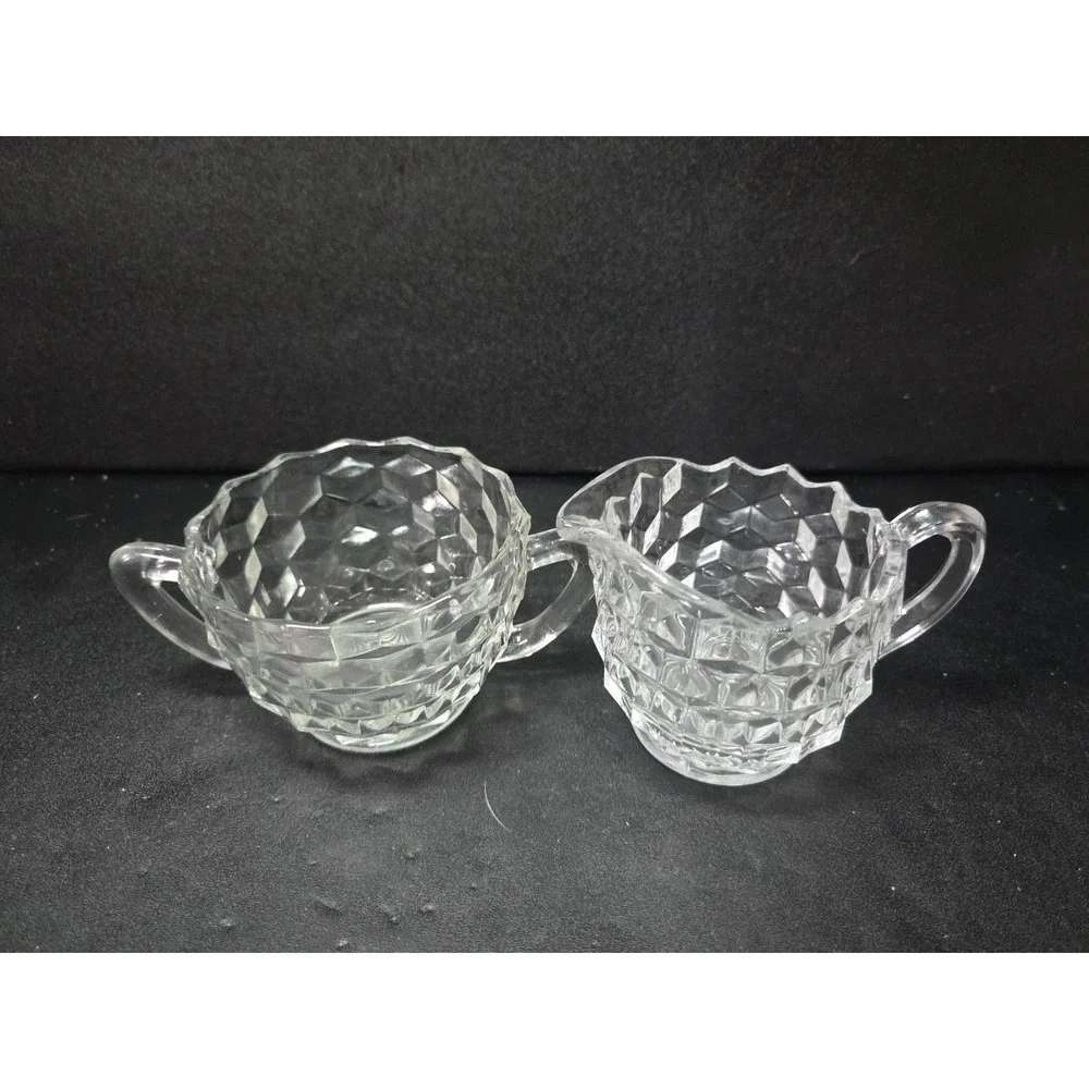 Fostoria American Cubist Creamer‎ and Sugar Set, Clear Glass Vintage Glassware